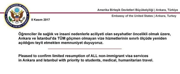 ABD Büyükelçiliği'nden son dakika vize paylaşımı
