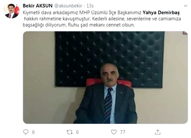 MHP Üzümlü İlçe Başkanı Yahya Demirbaş hayatını kaybetti