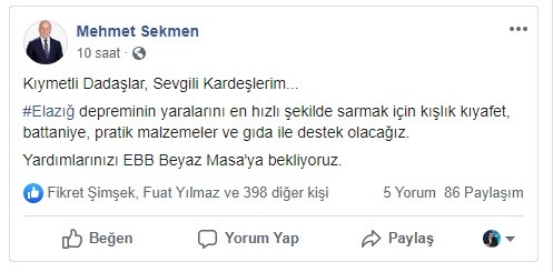 Başkan Sekmen’den depremzedelere yardım çağrısı