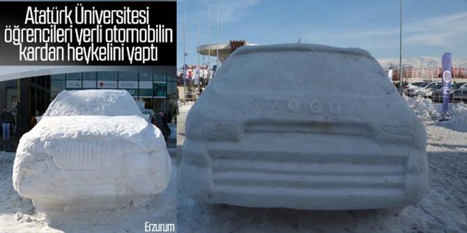 Erzurum'da Türkiye'nin otomobilinin kardan heykelini yaptılar