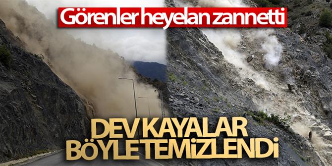 Görenler heyelan zannetti, yamaçtaki dev kayalar temizlendi