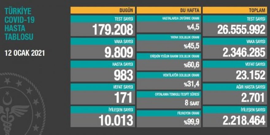 Sağlık Bakanlığı 12 Ocak yeni tip koronavirüs vaka ve vefat tablosunu duyurdu