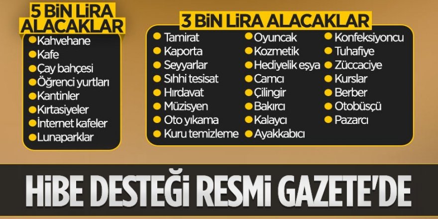 Esnafa verilecek hibe desteği Resmi Gazete'de