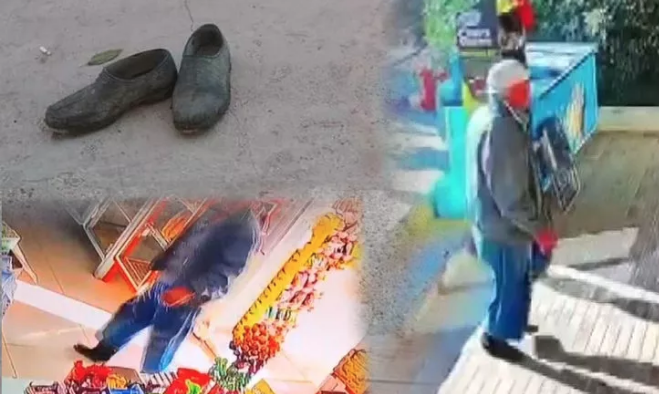 Market kirlenmesin diye çamurlu ayakkabılarını çıkarıp çoraplarıyla içeri girdi