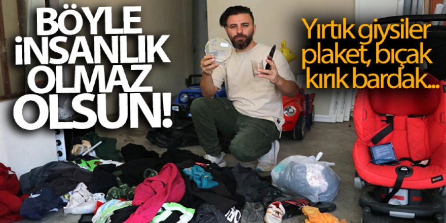 Yardım kolisinden kırık bardak, plaket ve yırtık giysi çıktı