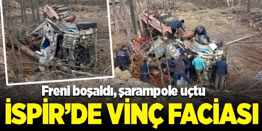 İspir'de Freni boşalan vinç şarampole uçtu