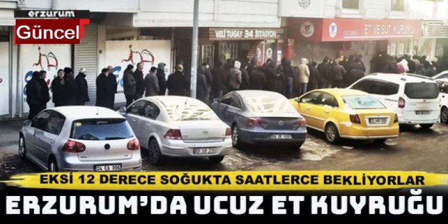 Erzurum'da Eksi 12 derece soğuk havada ucuz et kuyruğu