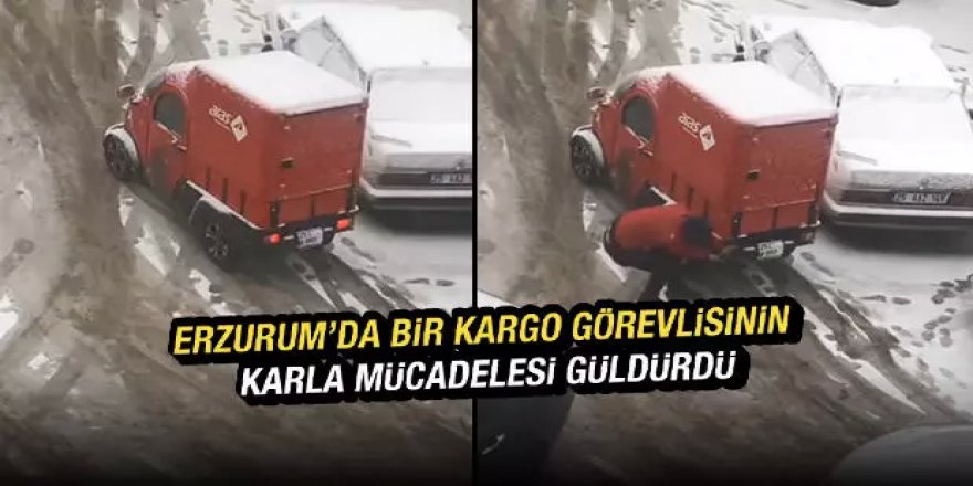 Erzurum'da bir kargo görevlisinin karla zor anları kamerada