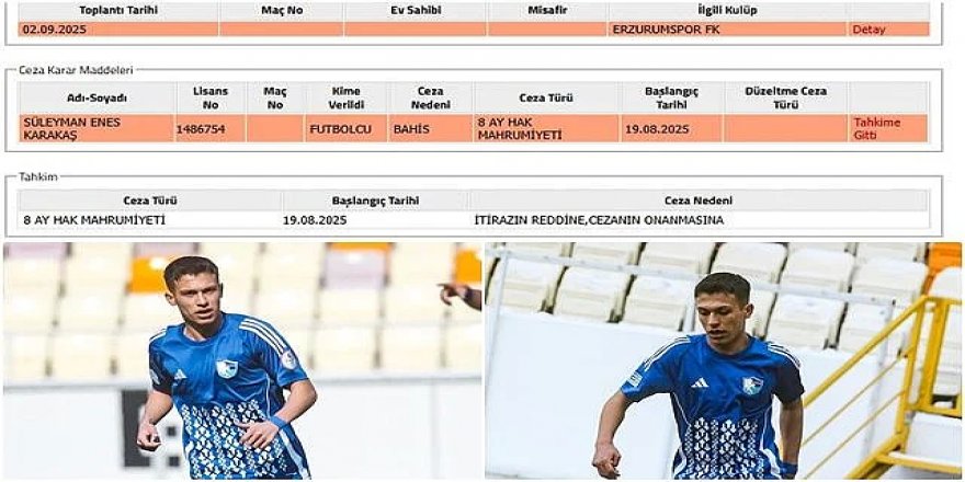Erzurumspor'da Enes Karakaş'a bahis şoku! 8 ay ceza aldı