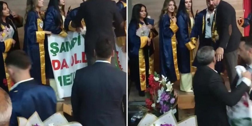 Mezuniyet töreninde kriz çıkartan pankart! Zorla ellerinden aldılar