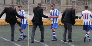 Amatör futbolcuya saha ortasında kulüp başkanından dayak!