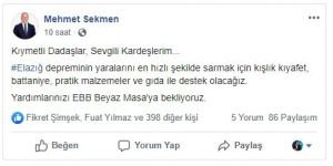 Başkan Sekmen’den depremzedelere yardım çağrısı
