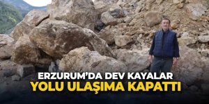 Oltu’da meydana gelen heyelan sonrası dev kayalar yolu ulaşıma kapattı